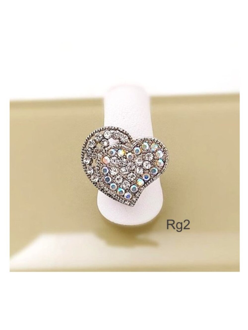 WHITE Crystal Bold Ring “2 Hearts As 1” Adjustable
